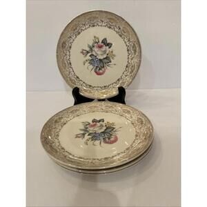 4 Salem Royal Rose Bouquet Floral Dessert, Bread, Salad Plates 23K Gold Filigree